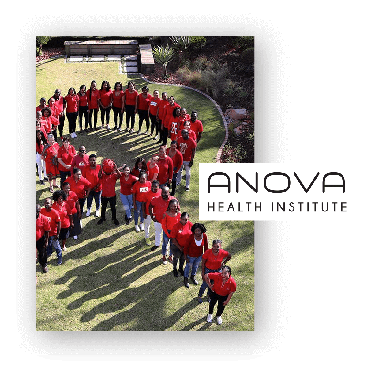 Aerial view of a group of people wearing red shirts forming a ribbon shape on a grassy area, representing the Anova Health Institute's commitment to health and community support.