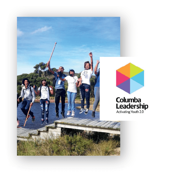Group of young people jumping in the air on a wooden dock near a lake, holding sticks and smiling, with the Columba Leadership logo and tagline 'Activating Youth 2.0'