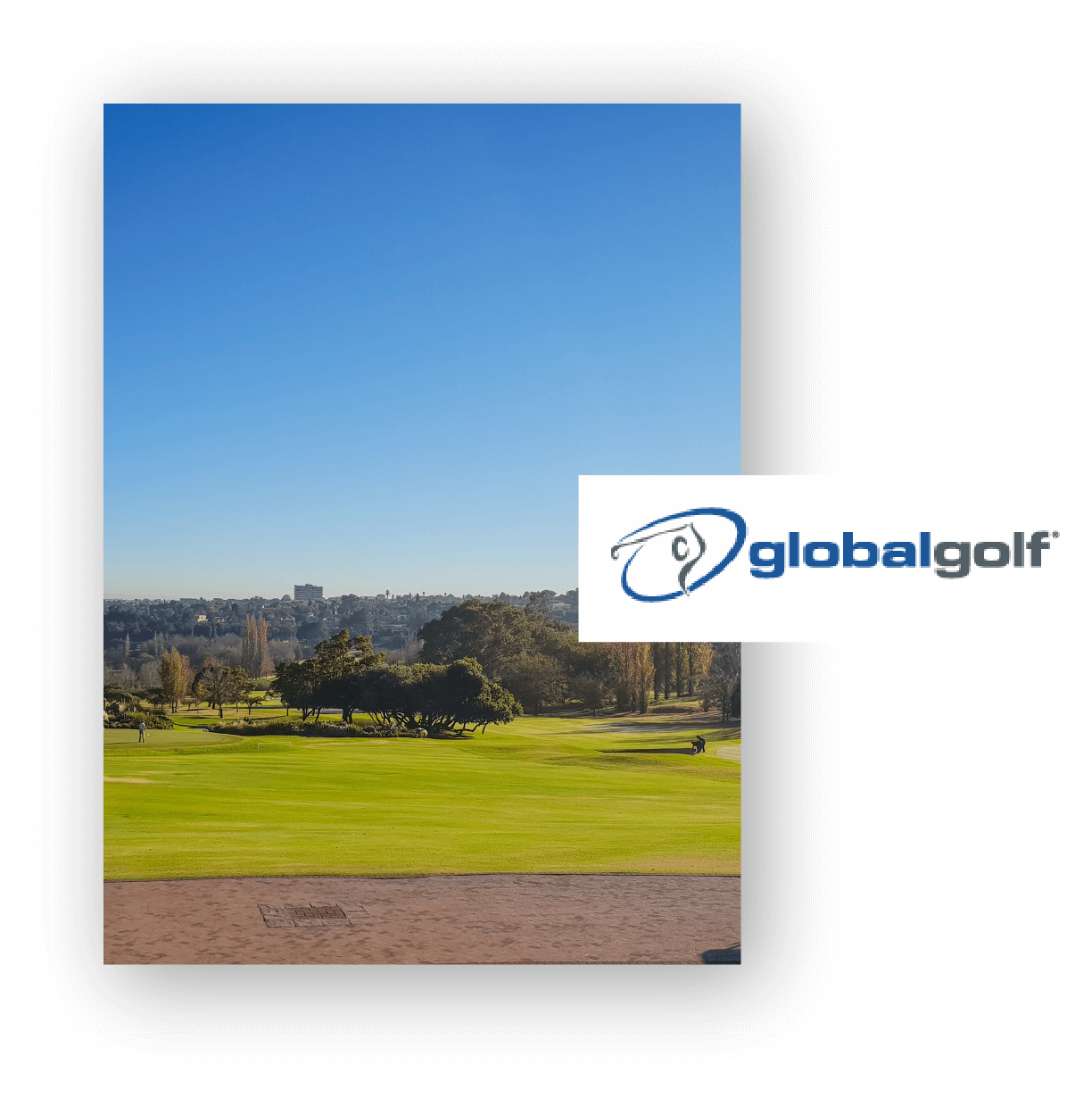Scenic view of a lush green golf course under a clear blue sky with the Global Golf logo overlayed on the image.