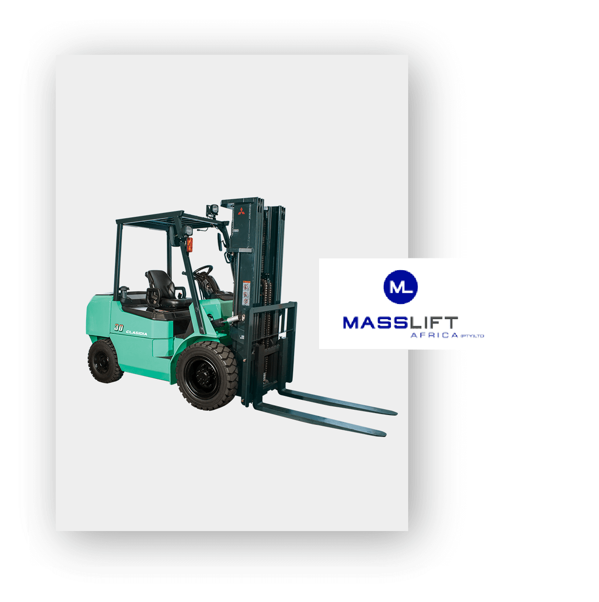 Masslift Africa green and black forklift with dual front forks, displayed on a white background with the Masslift Africa logo.