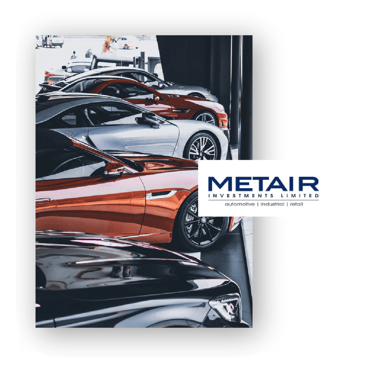Metair Investments Limited logo overlaying an image of a modern car showroom with multiple luxury cars in various colors.