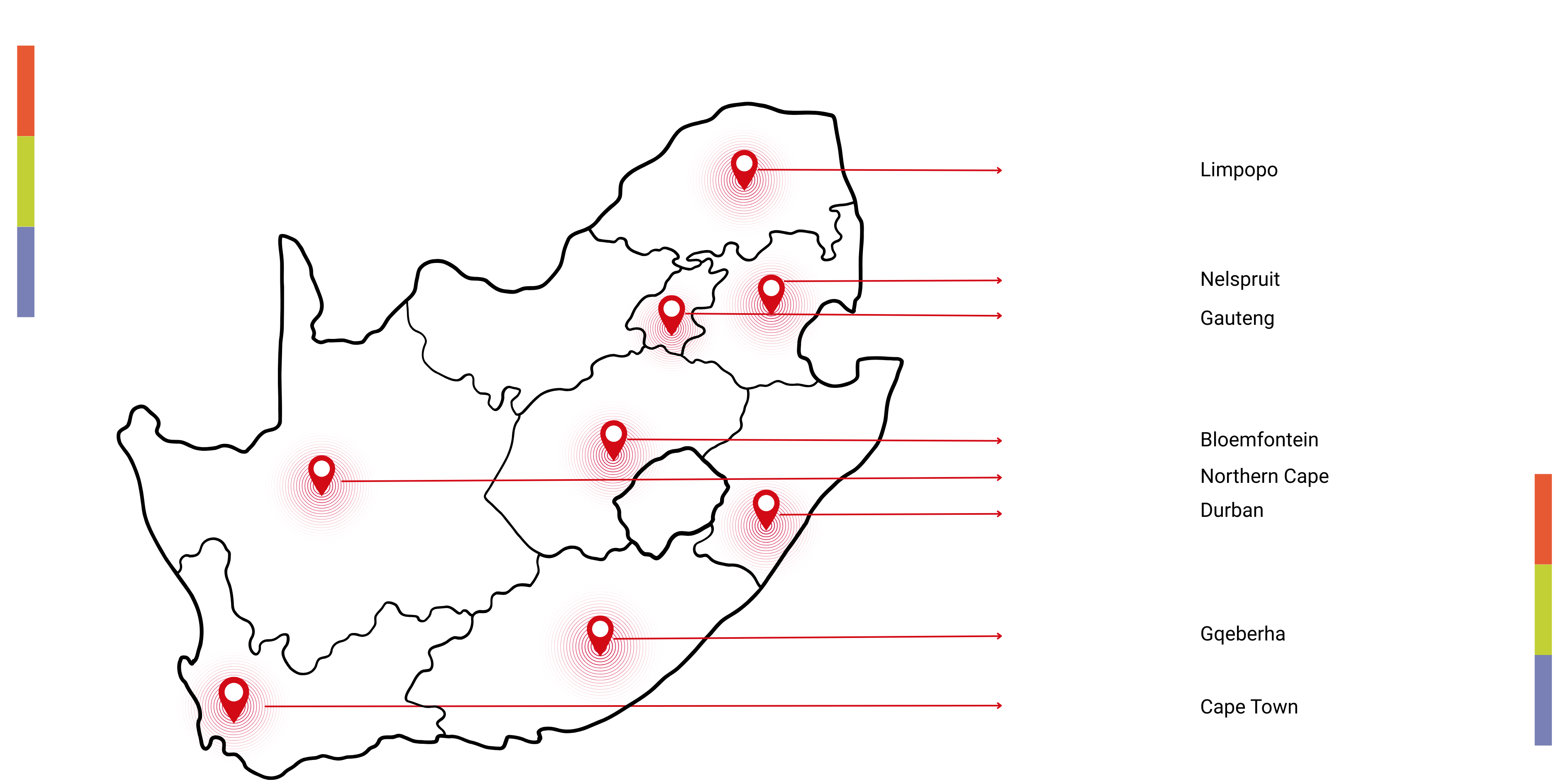 Our Service Locations Compressed Map of South Africa highlighting SevenC IT support service locations, including Limpopo, Nelspruit, Gauteng, Bloemfontein, Northern Cape, Durban, Gqeberha, and Cape Town, with red location pins and SevenC colour-coded bars on the sides.